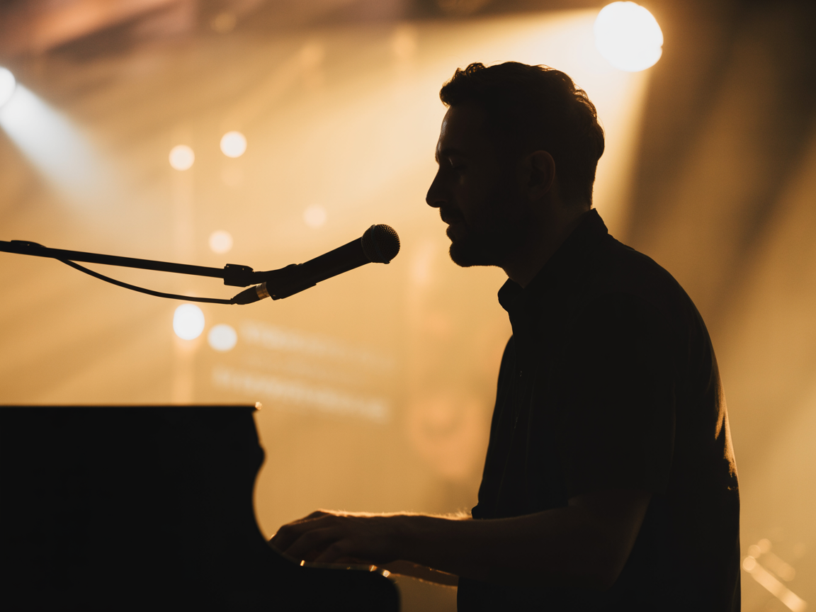 Worship leader at piano in warm stage lighting