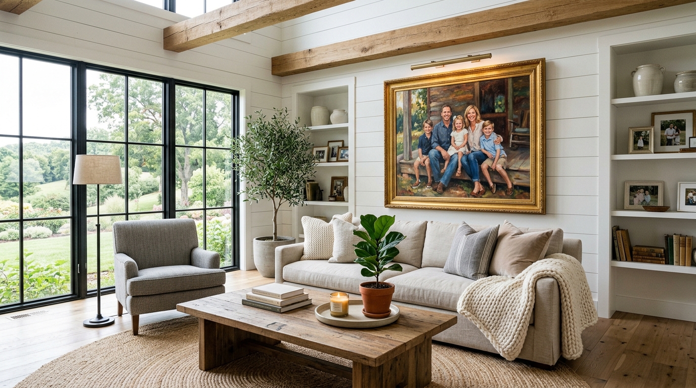 Modern American farmhouse living room with shiplap walls and a large custom family portrait painting in a gold frame