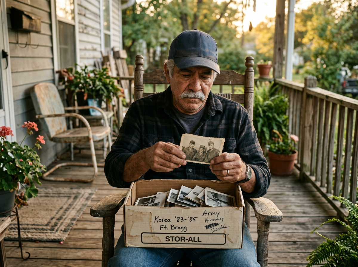 Veteran on his porch looking through old service photos from his deployment era