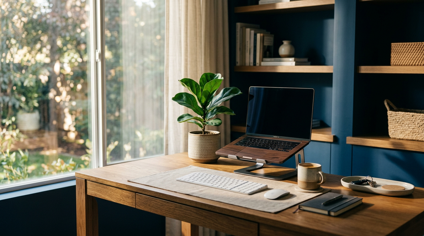Ambiente de trabalho zen e organizado com planta e luz natural transmitindo produtividade