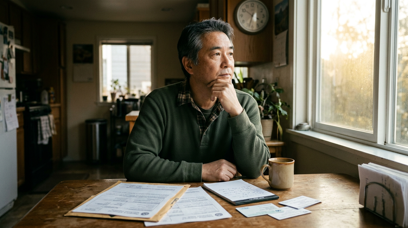 Middle-aged Asian American male veteran seated at a kitchen table with VA paperwork, unable to work