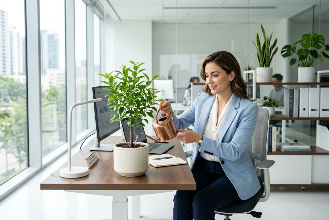Professional person watering a plant in modern office setting representing business growth