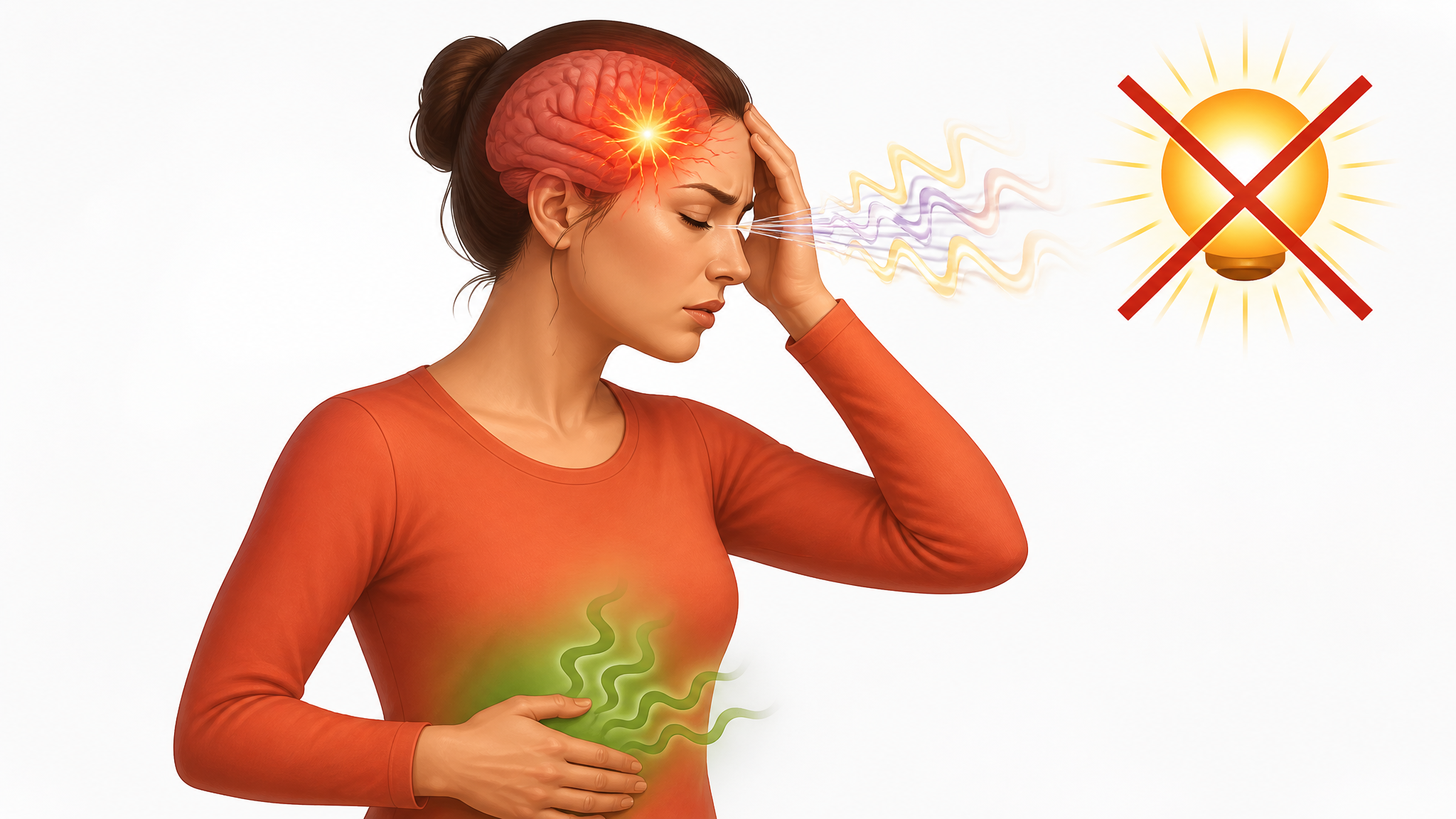 Illustration of migraine associated features — nausea, visual aura and light sensitivity