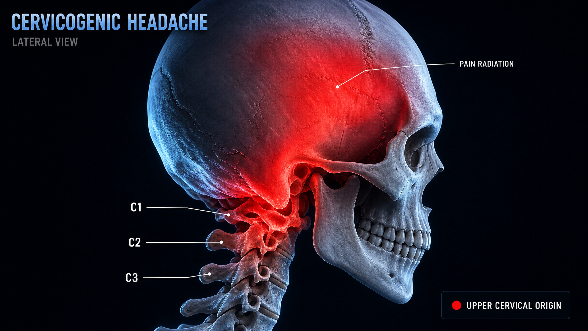 Side-view diagram showing headache pain radiating from the cervical spine up into the skull