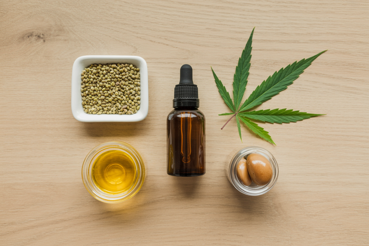 Natural CBD body oil ingredients including hemp seeds, hemp leaves, and carrier oils flat lay