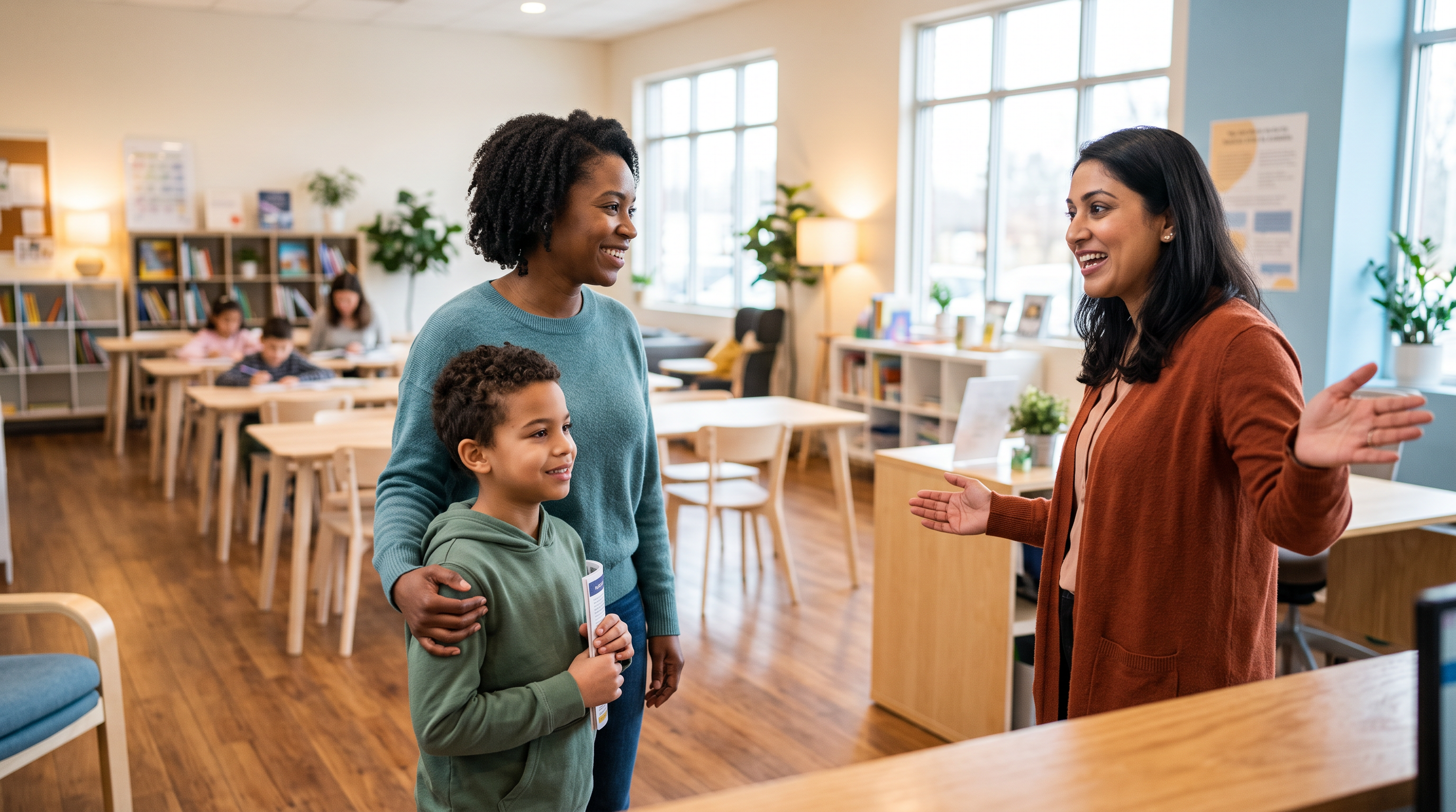 Mother and child touring a tutoring center in McKinney TX and talking with an instructor