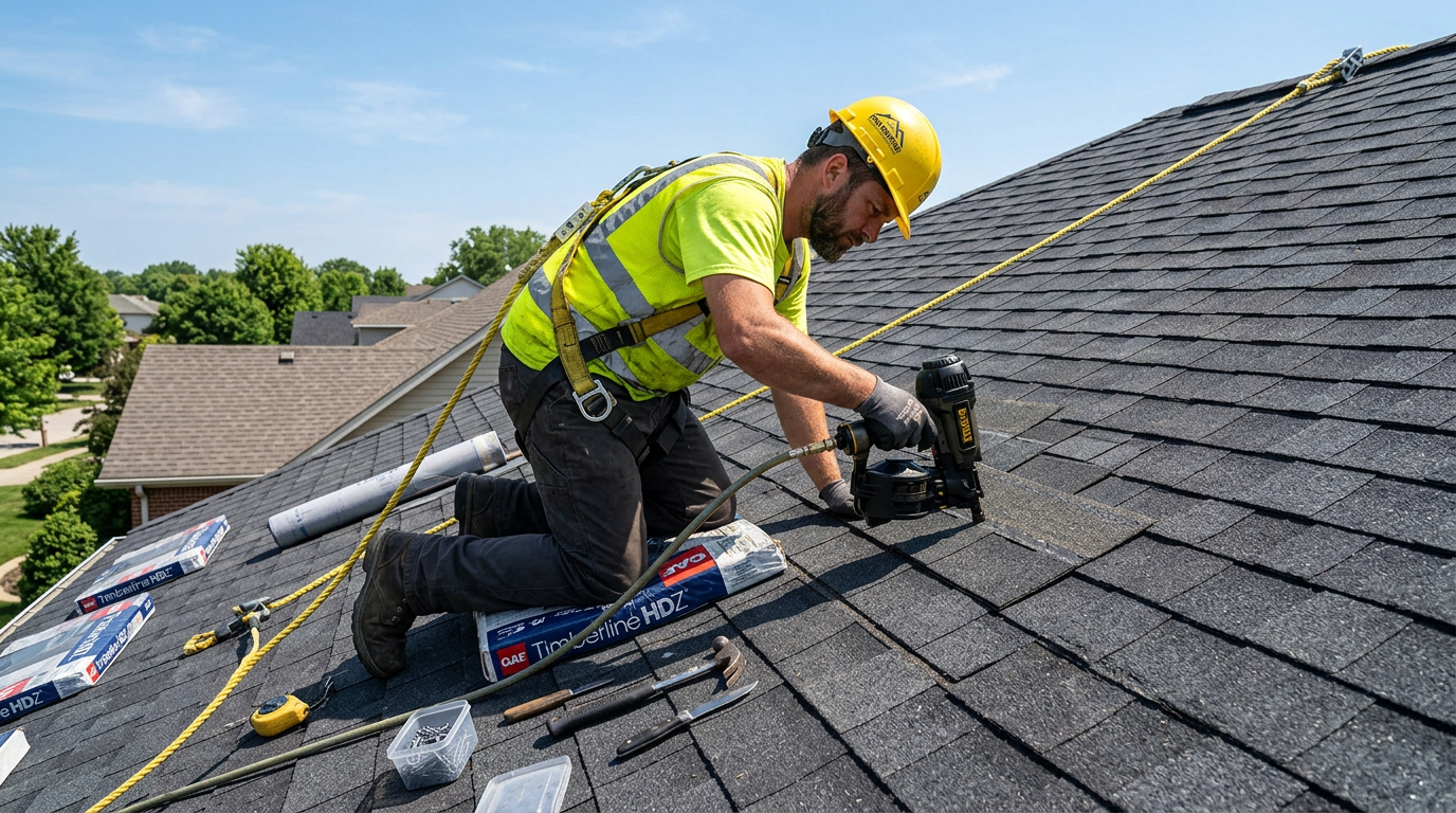 Professional roofer in safety gear installing new asphalt shingles on a residential roof