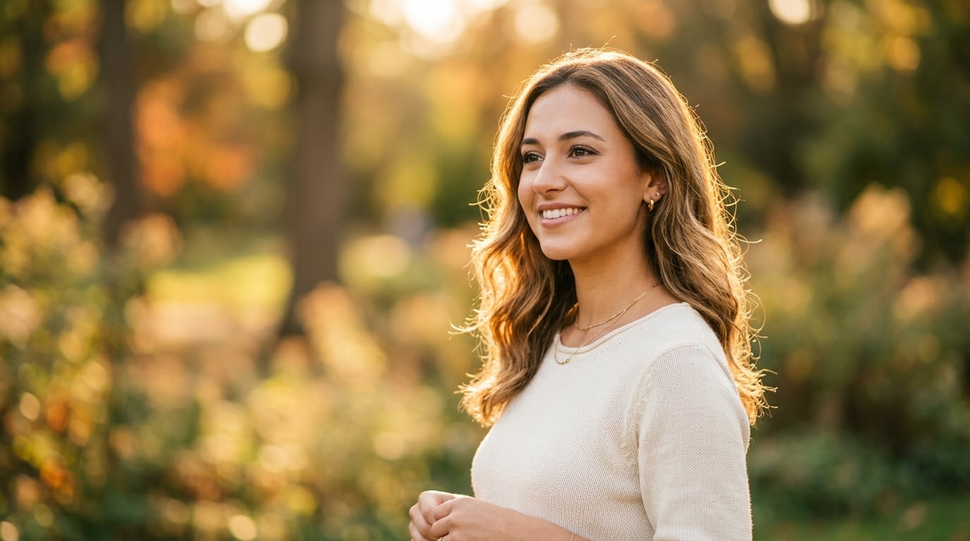 Golden hour portrait of a young woman with soft bokeh