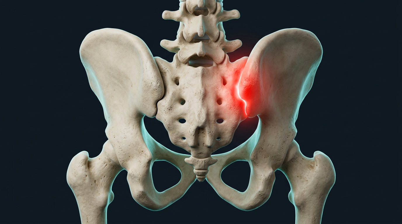 Posterior view of the pelvis showing both sacroiliac joints, with one joint highlighted to show injury and inflammation