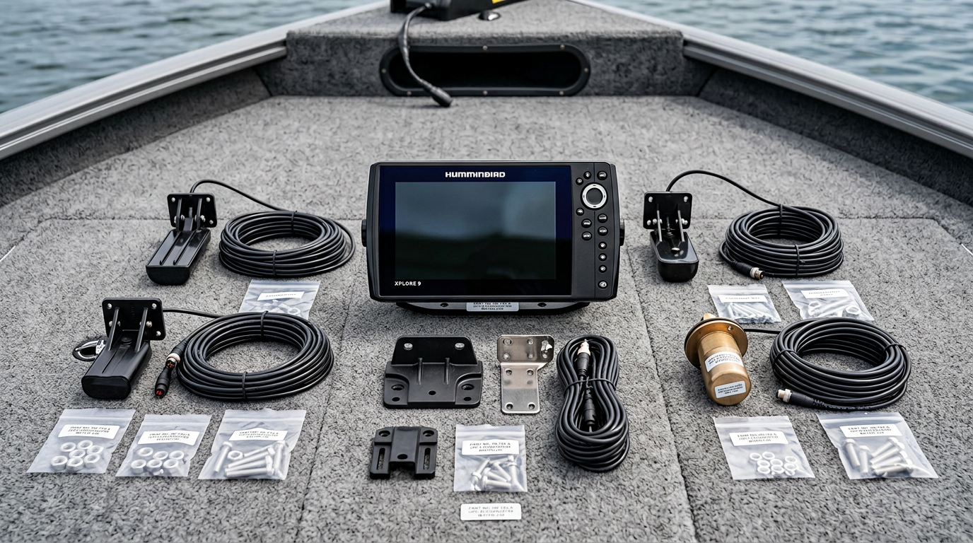 Multiple sonar transducers laid out on a boat deck next to a Humminbird XPLORE 9 fish finder unit for transducer setup planning