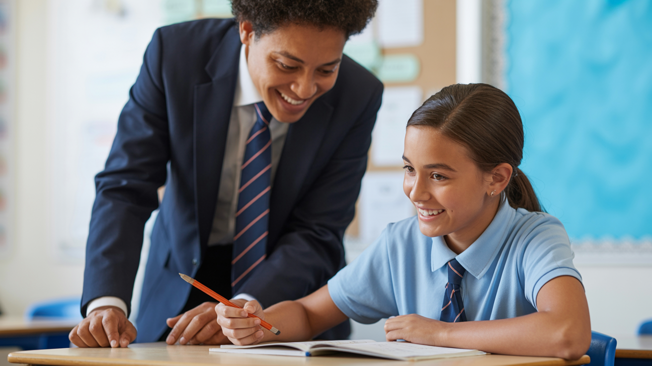 Diverse teacher helping a student with maths problems in a supportive classroom environment