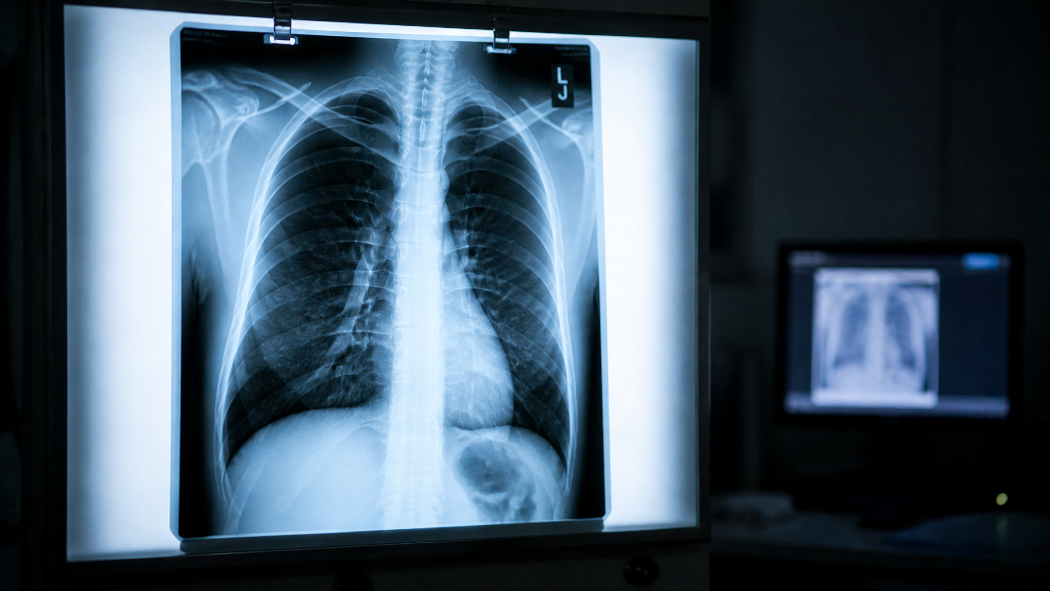 A chest X-ray on a radiology light box beside medical records, representing the medical evidence a claim needs