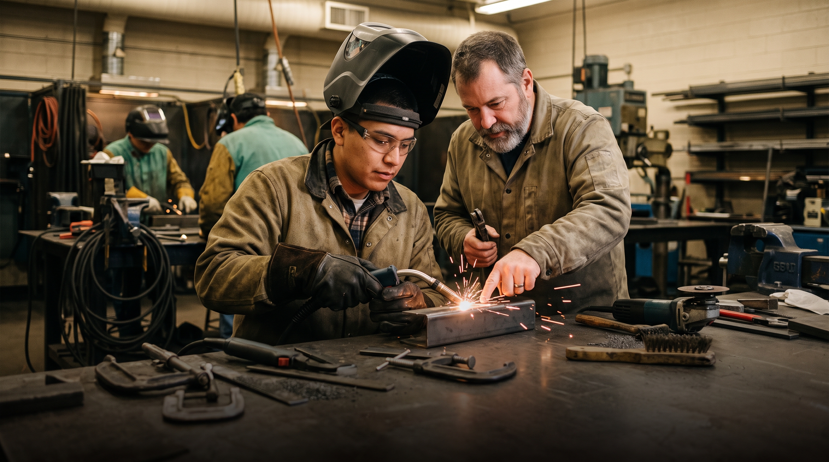 A veteran learning welding in a hands-on trade school class with an instructor