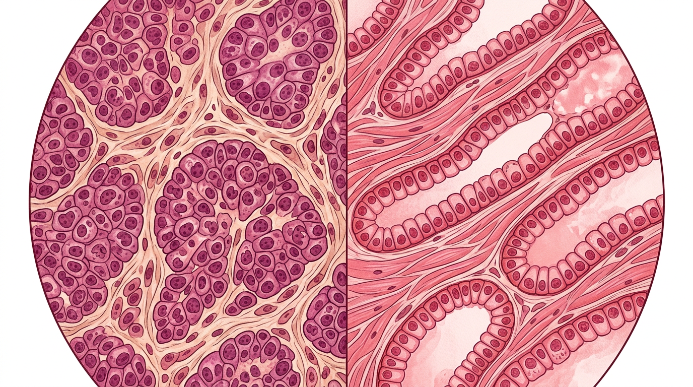 Medical illustration comparing cancerous and healthy prostate tissue at the cellular level