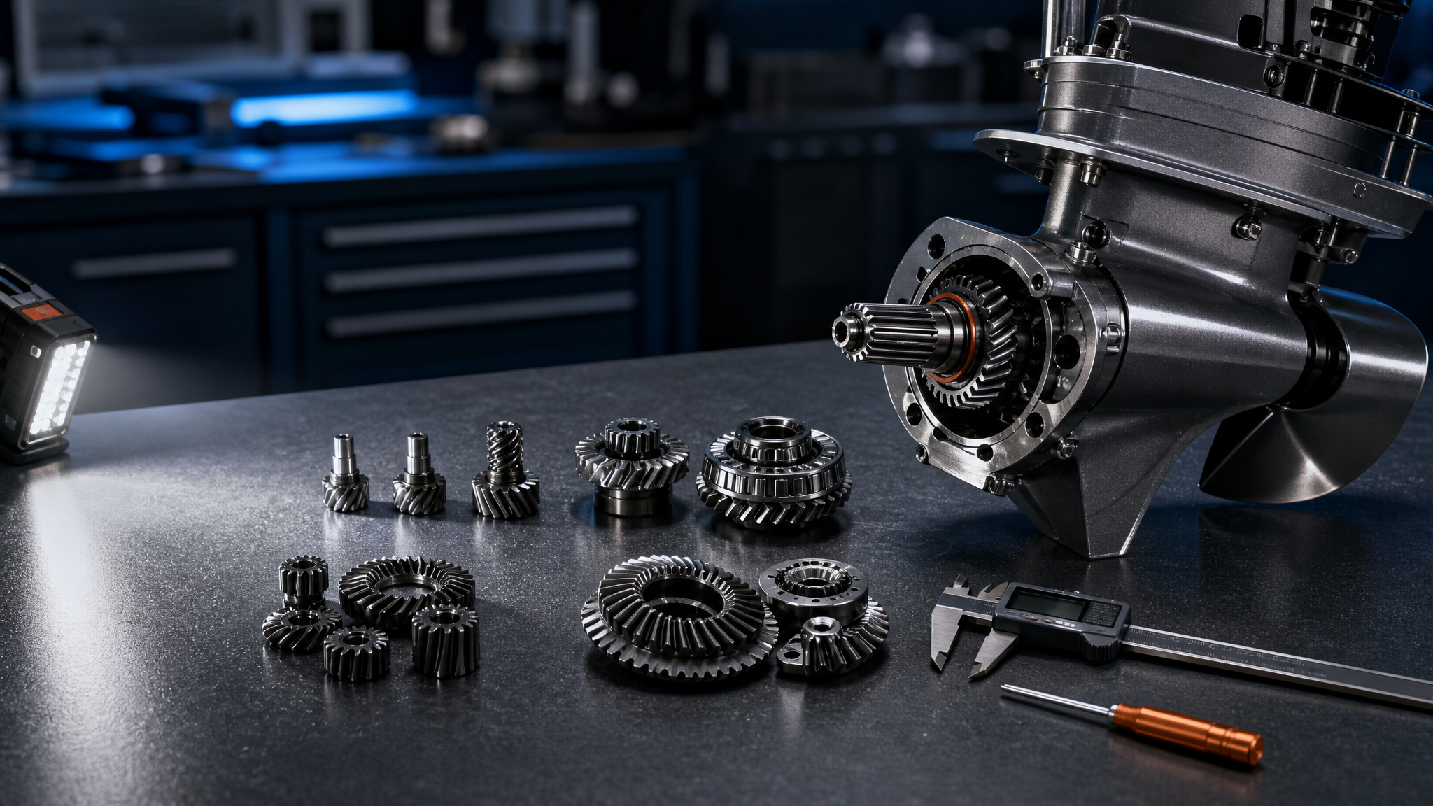 Marine sterndrive gears arranged for comparing SE116 gear ratio configurations
