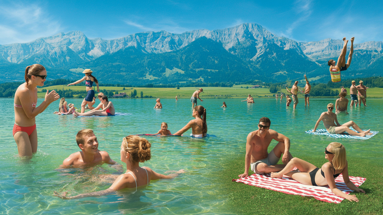 Die schönsten Badeseen im Allgäu - Menschen genießen das Baden und Sonnenbaden an verschiedenen Allgäuer Seen mit Alpenkulisse