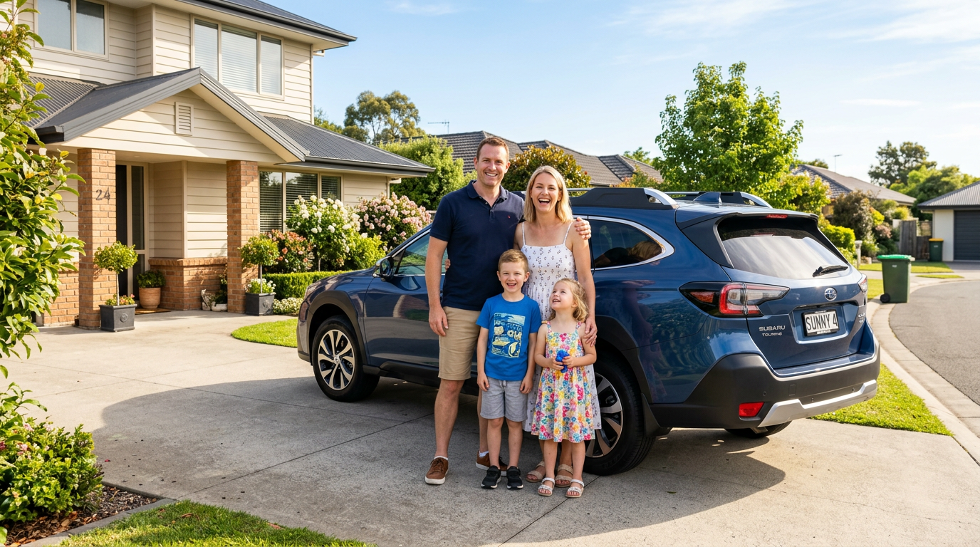 Cheerful family standing by their car in a sunny driveway
