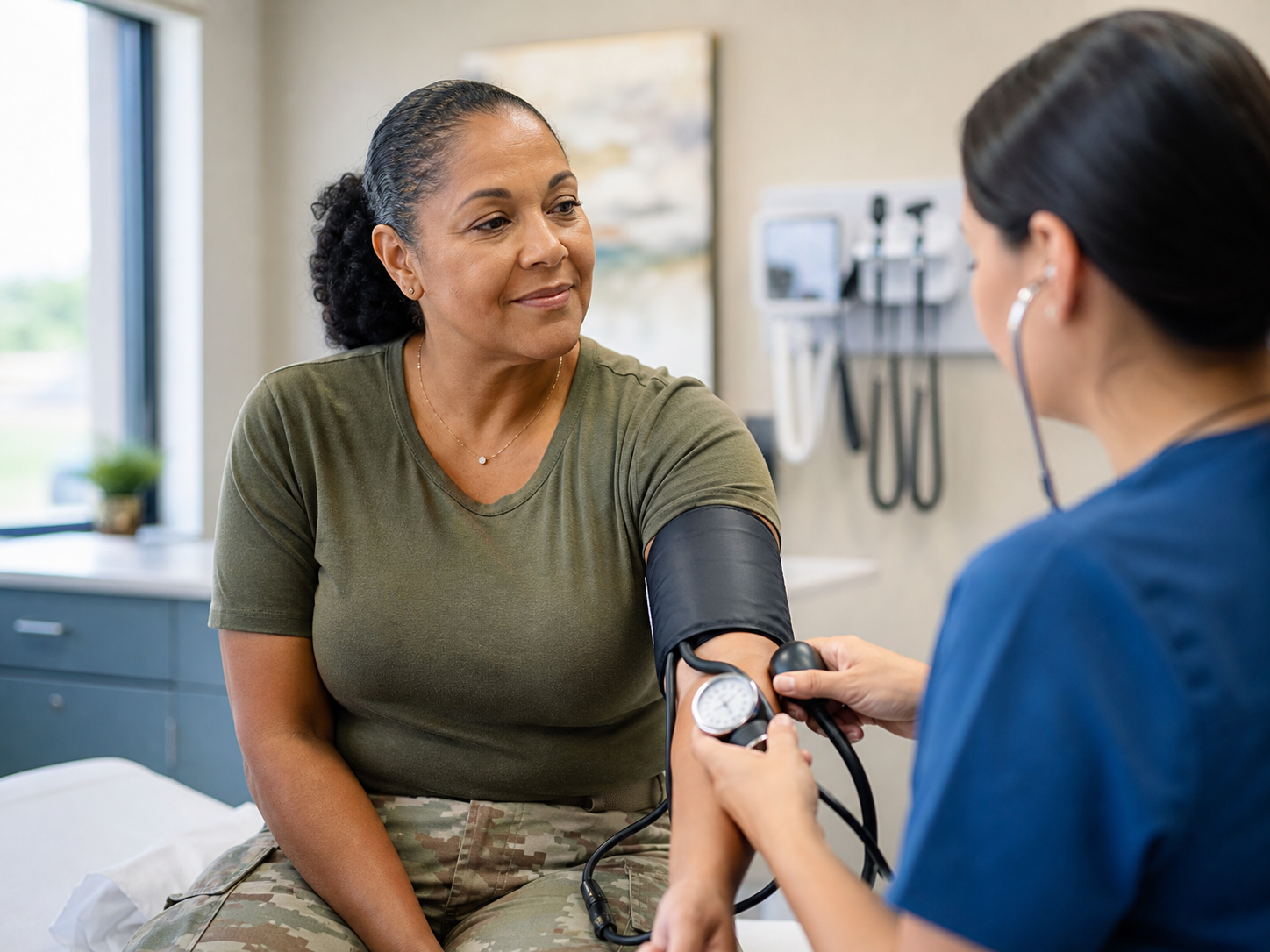 A woman veteran during a cardiac health consultation with a healthcare provider