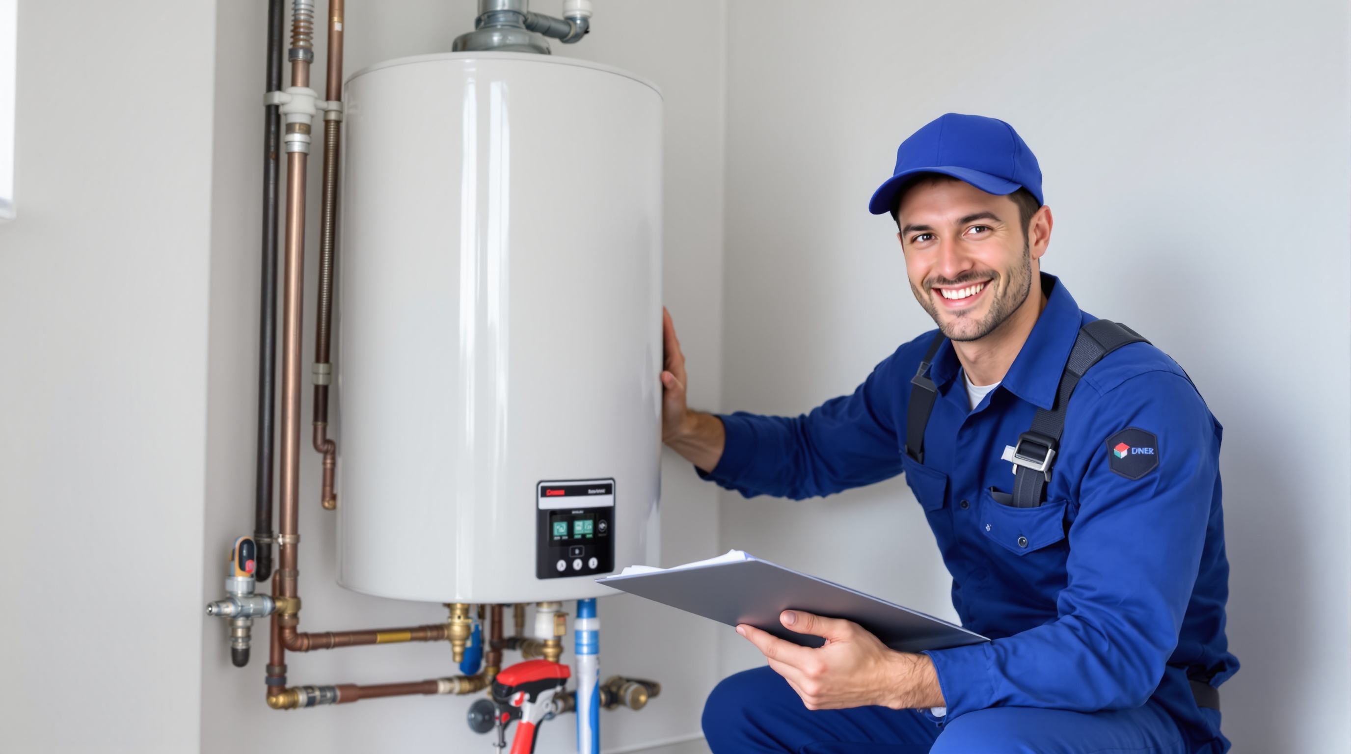 Professional plumber inspecting residential gas water heater