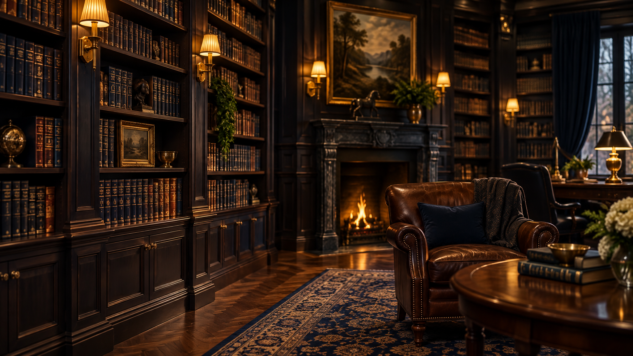 Elegant library with warm golden lighting