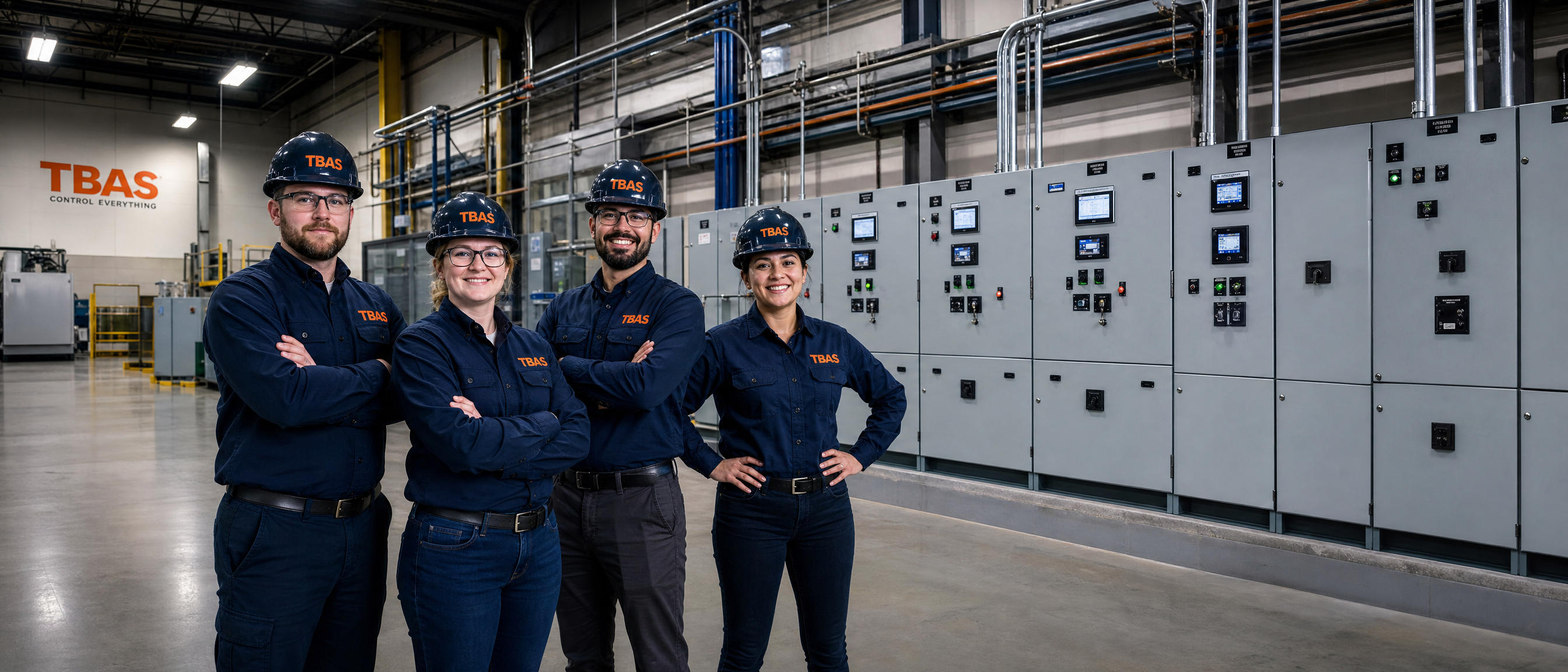 TBAS engineering team in branded uniforms at industrial facility