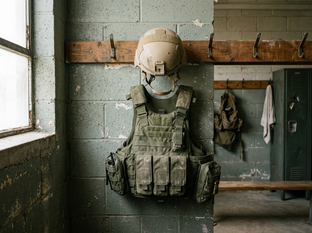 A helmet and body armor hanging on a peg, the weight carried on shoulders and neck