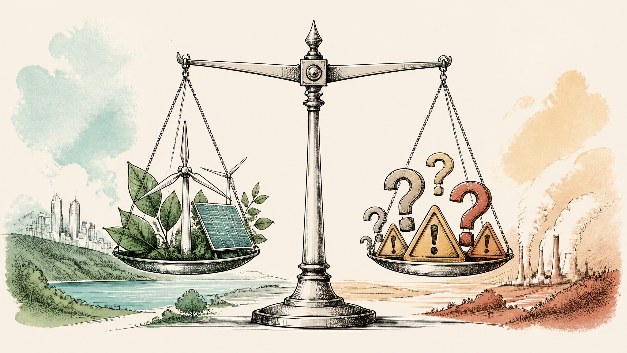 Illustration of scales weighing the benefits and drawbacks of biomethane