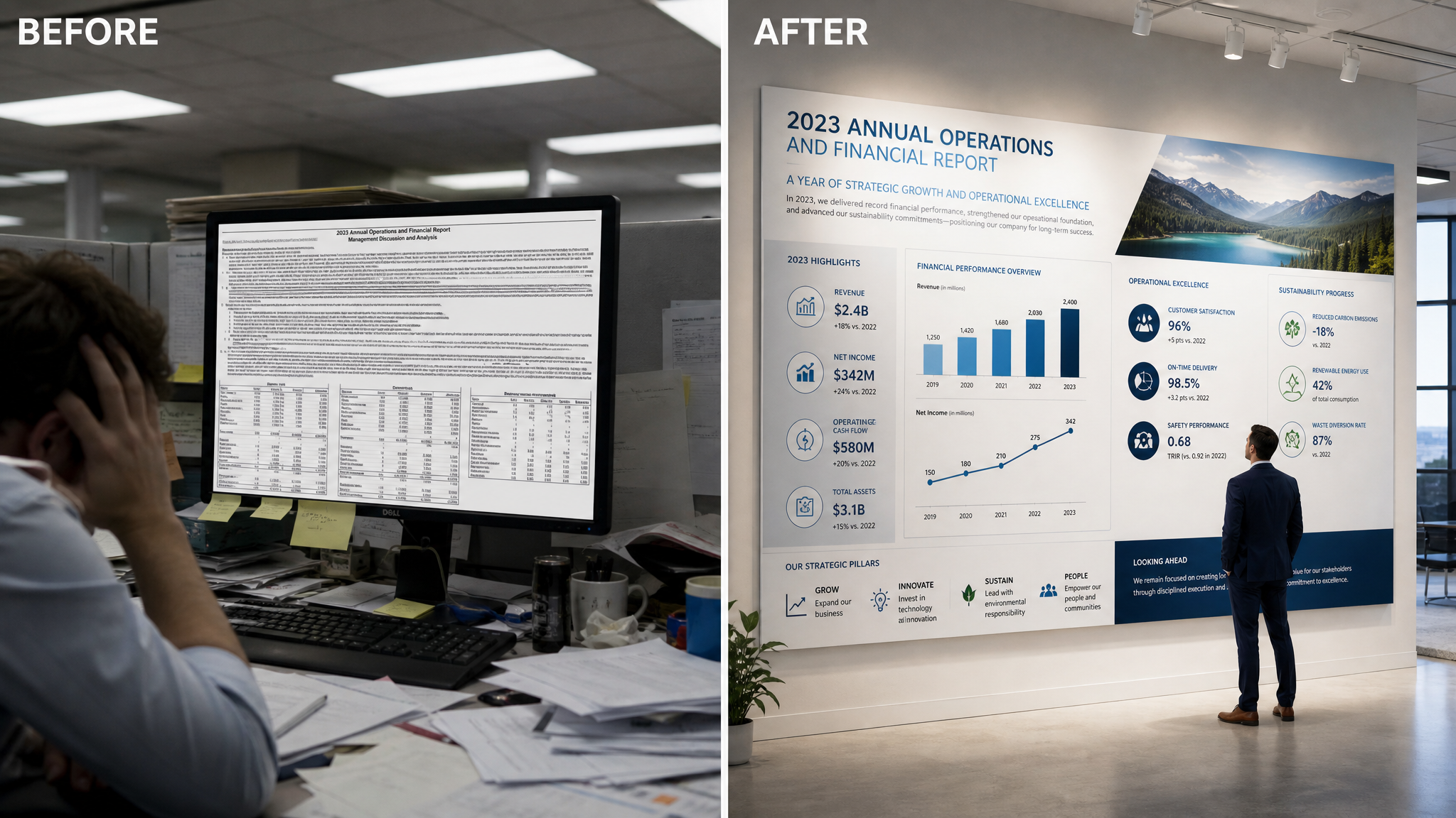 A messy PDF document transformed into a dramatic large-format wall graphic installation