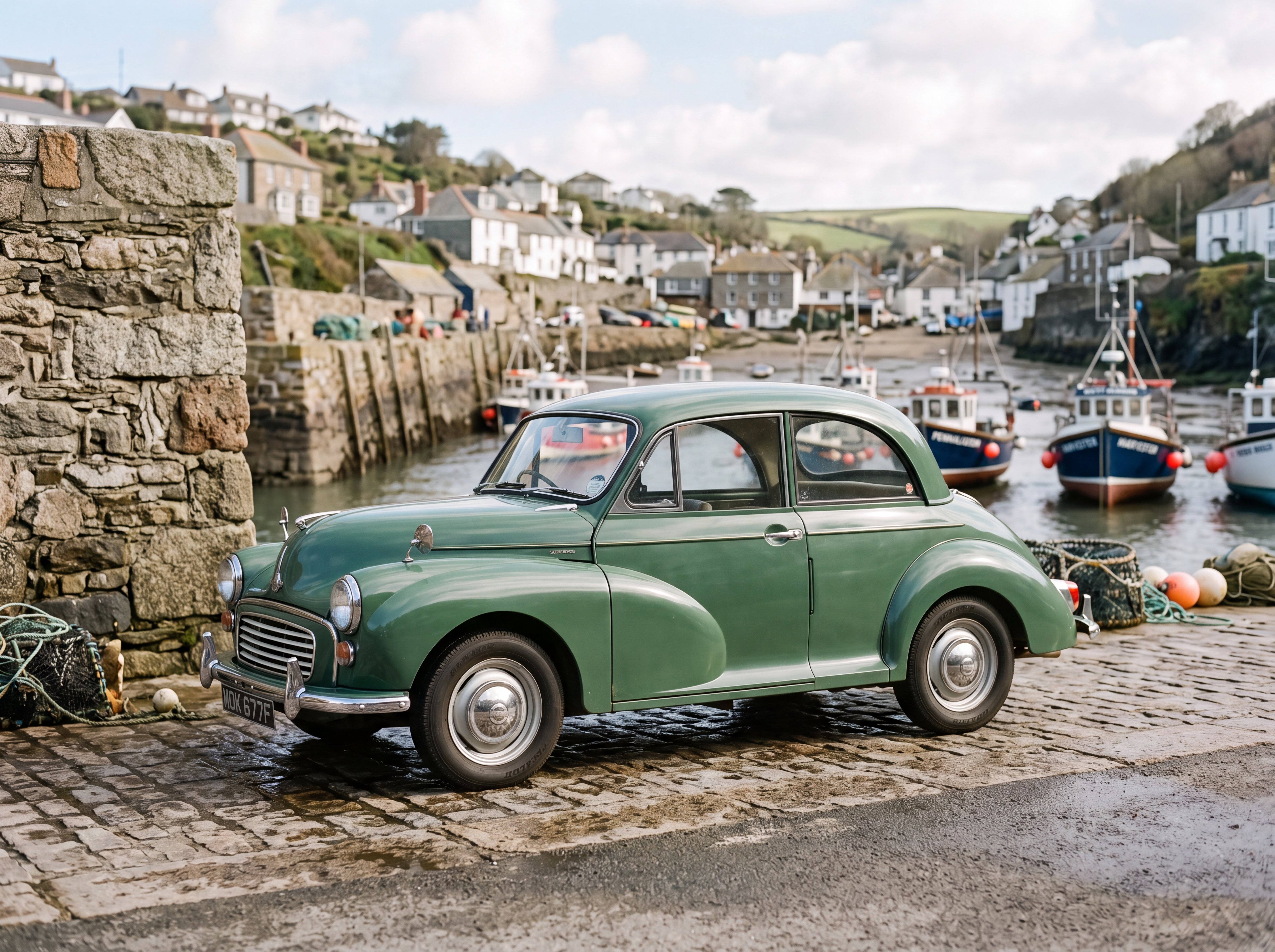 1967 green Morris Minor parked beside a Cornish granite harbour wall