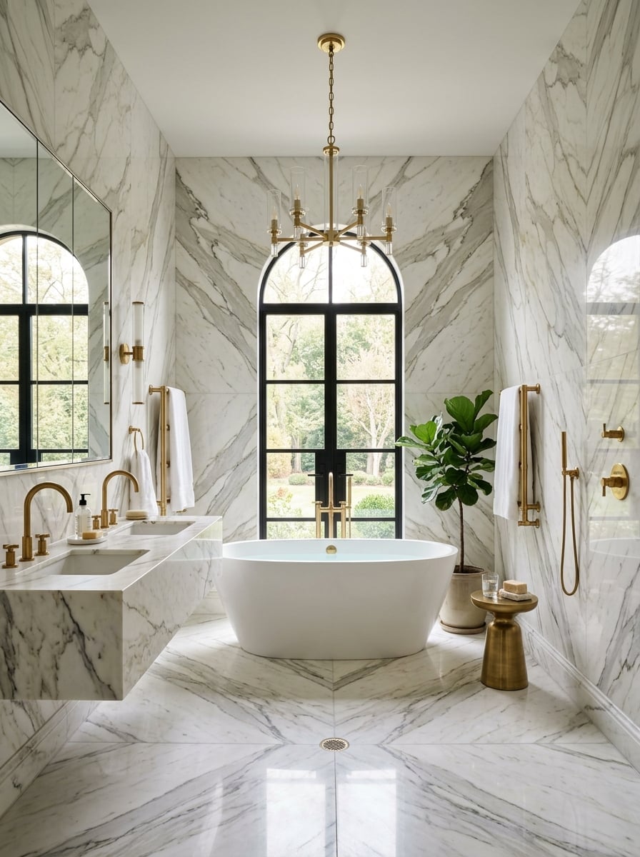 Premium marble tile installation on bathroom walls floor-to-ceiling