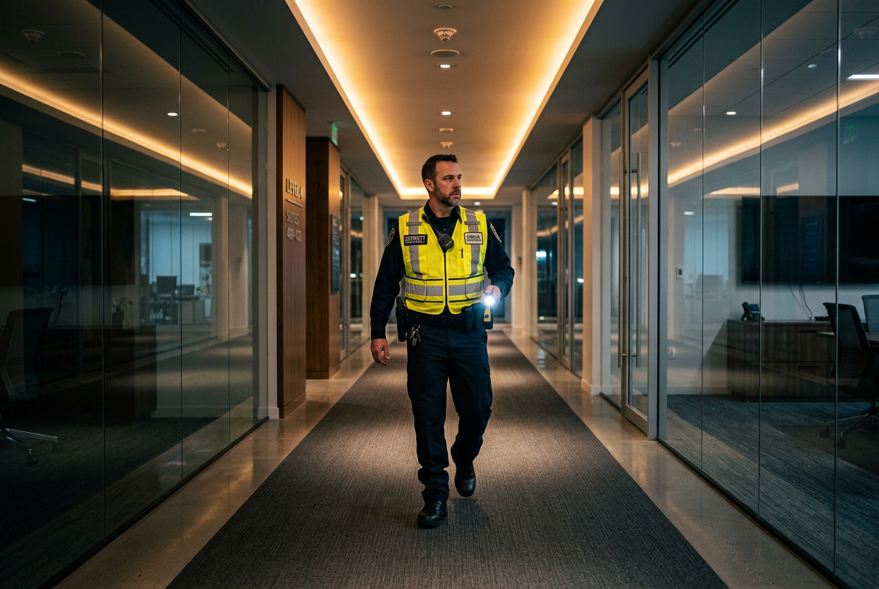 OSHA-certified fire watch guard patrolling commercial office building interior at night