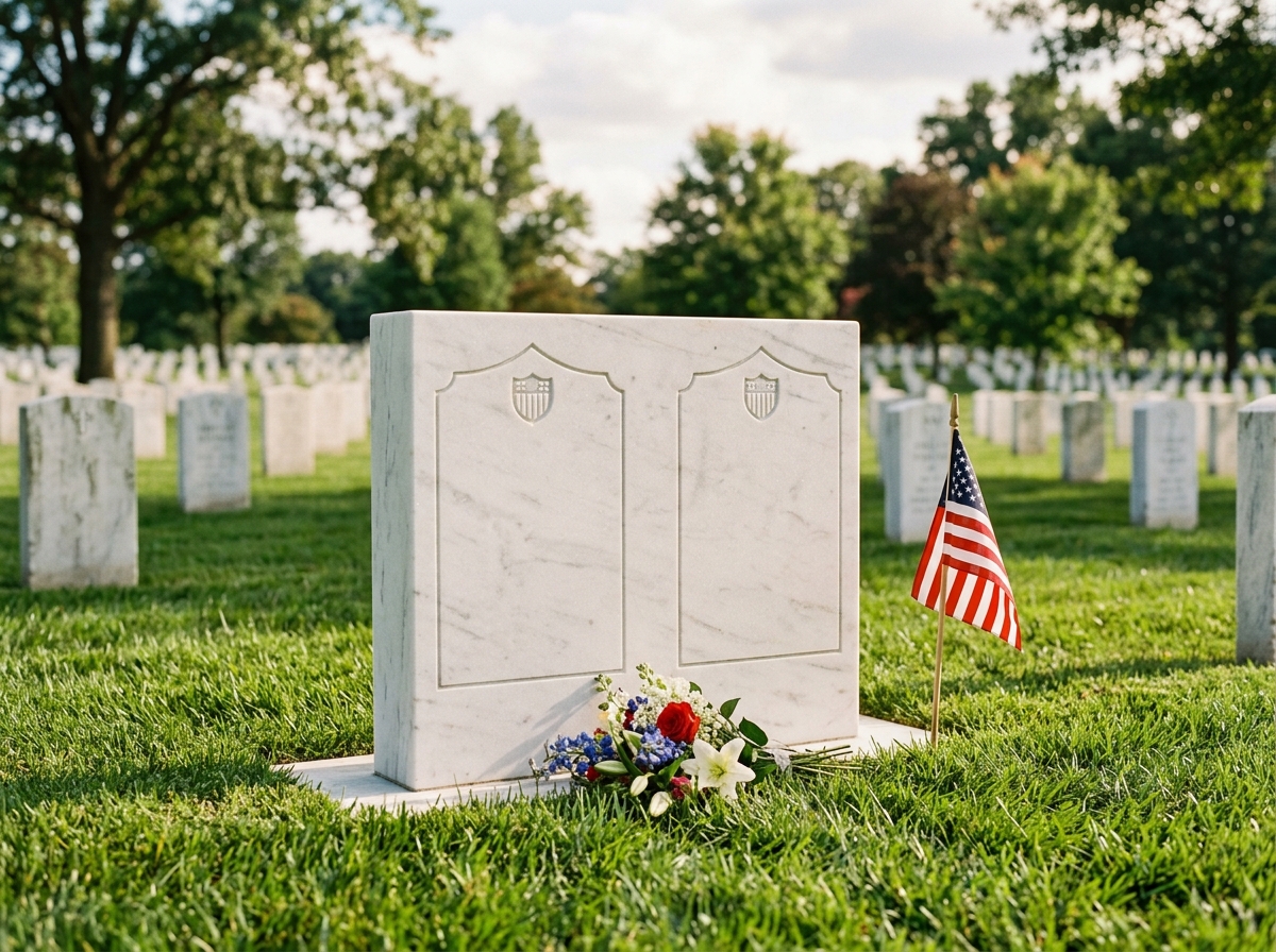 A wide white marble companion military headstone for a veteran and spouse, with a small American flag and flowers on green cemetery grass