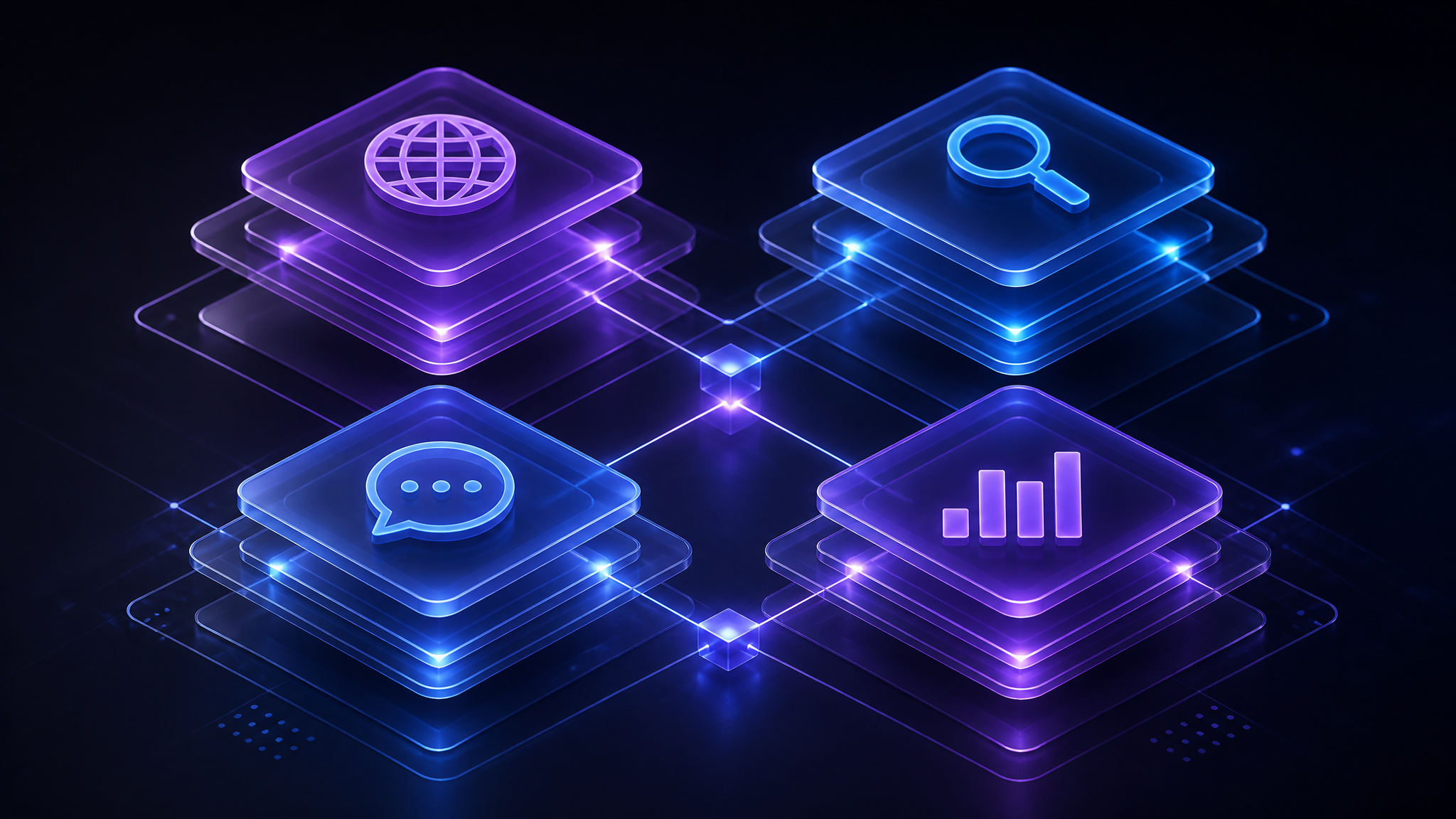 Floating glass tiles with globe, magnifier, chat and chart icons connected by glowing lines, representing a marketing platform stack