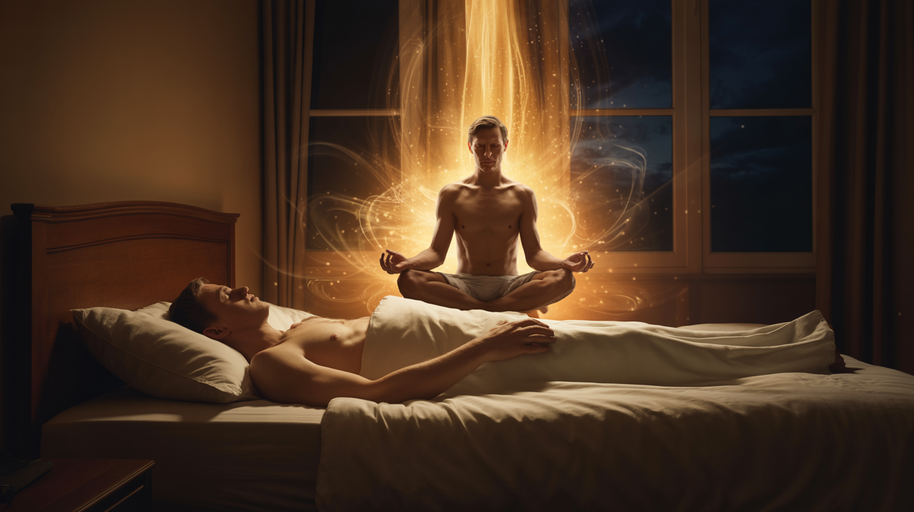 Fourth state — body sleeps while consciousness observes itself from above in a golden aura