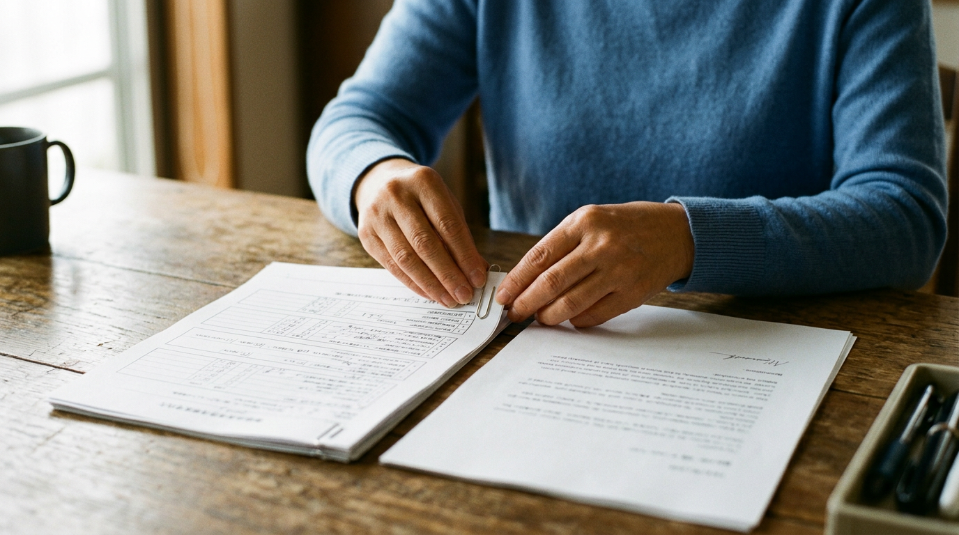 Hands clipping a completed medical questionnaire and a signed letter together on a desk