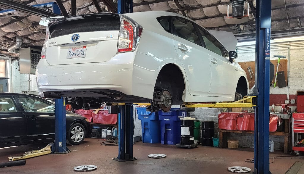 Toyota Prius hybrid vehicle in service bay