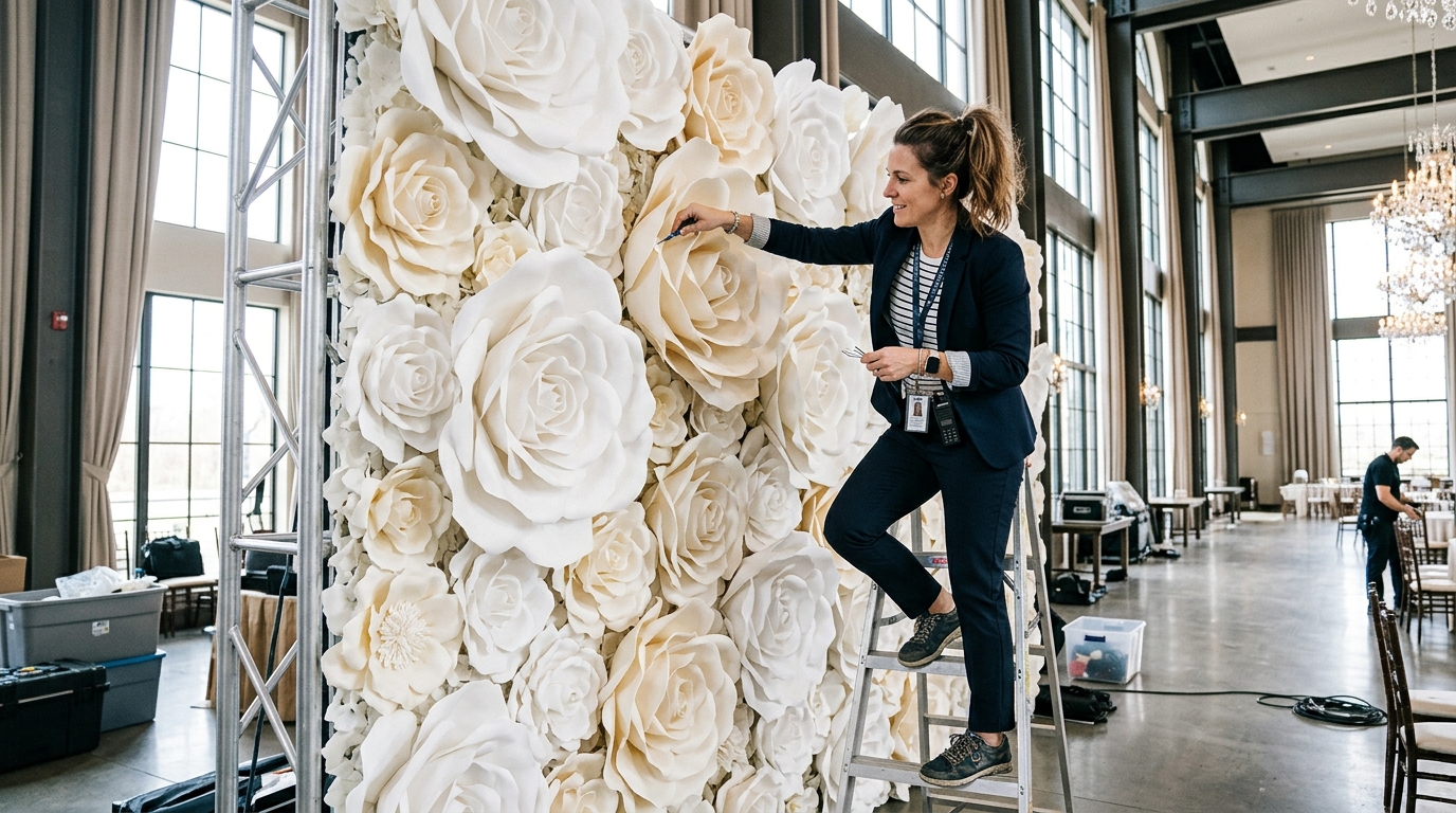 Event planner setting up a custom giant flower installation at a corporate event