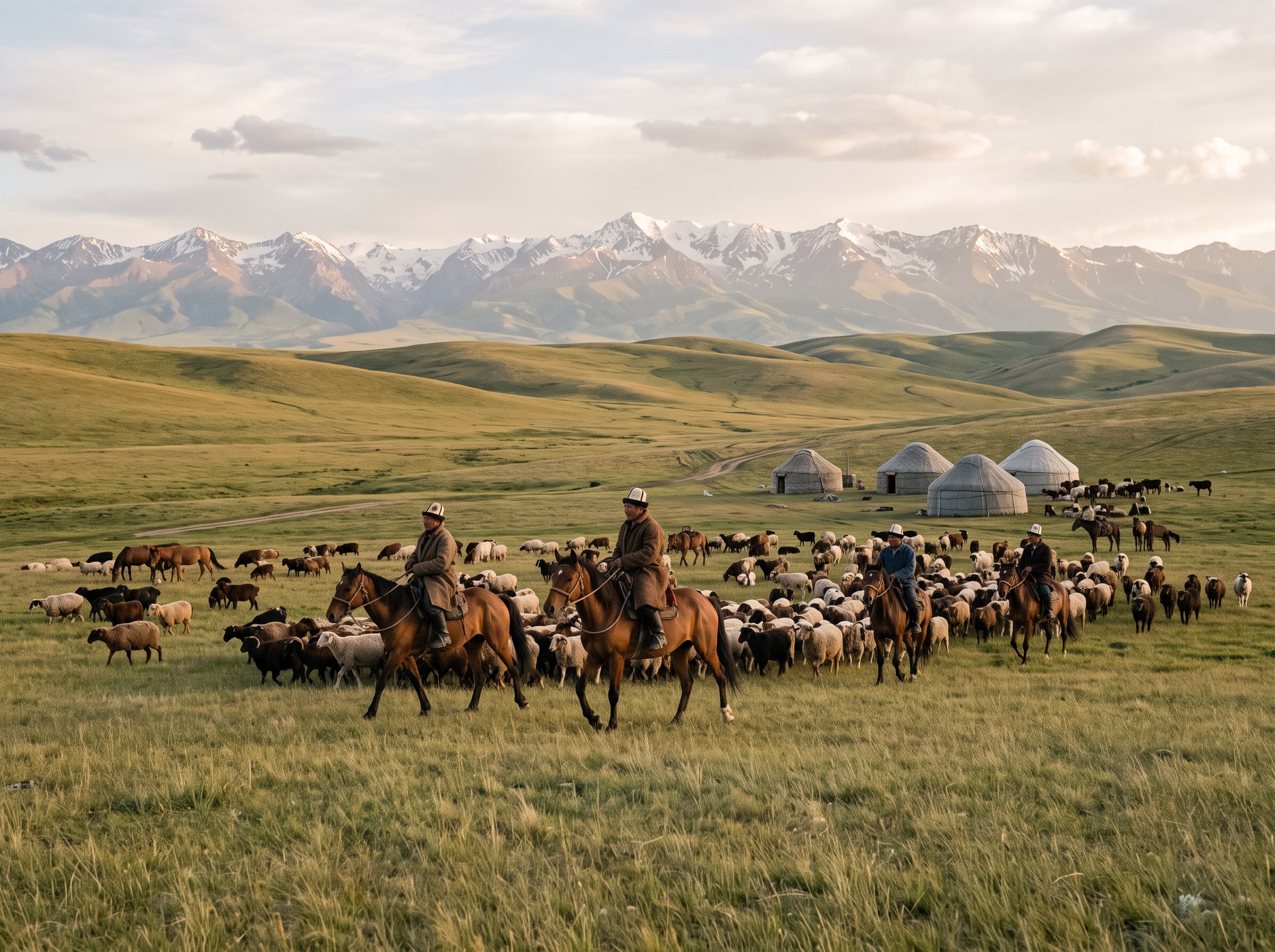 Nomadic herders on horseback crossing the Central Asian steppe with livestock at golden hour