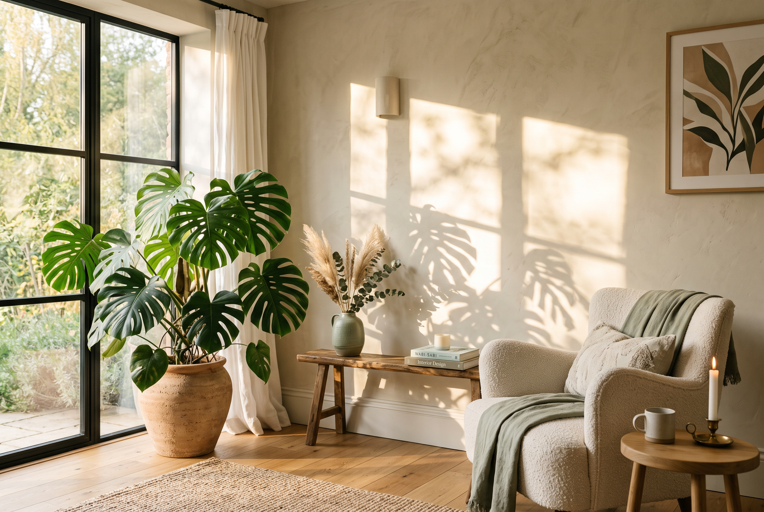 Soft natural sunlight streaming through a window onto healthy indoor plants, light patterns across a limestone wall