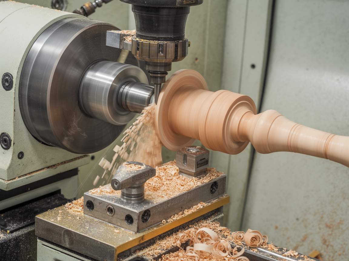 CNC lathe precision-cutting a wooden furniture leg at Styrczula factory