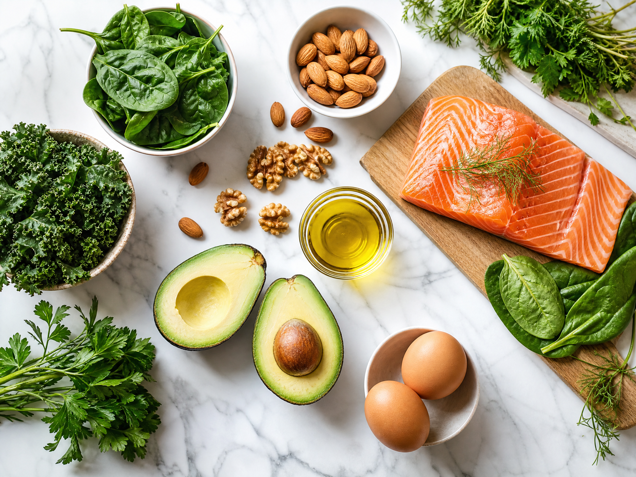 Verse keto-ingrediënten: avocado, zalm, groene groenten en noten