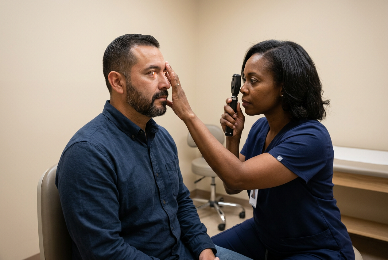 Hispanic male veteran in his 40s consulting with a Black female ophthalmologist who is examining his eyes for diabetic retinopathy