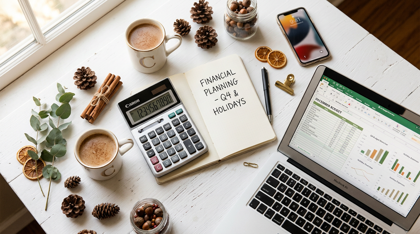 A bright seasonal desk with a calculator, notebook and laptop for holiday budgeting
