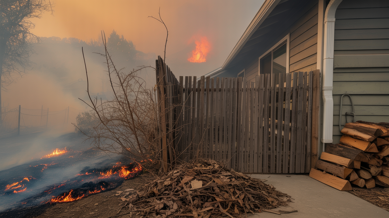 Home at wildfire risk with combustible wooden fence, dry brush, and firewood near the house under smoky orange sky