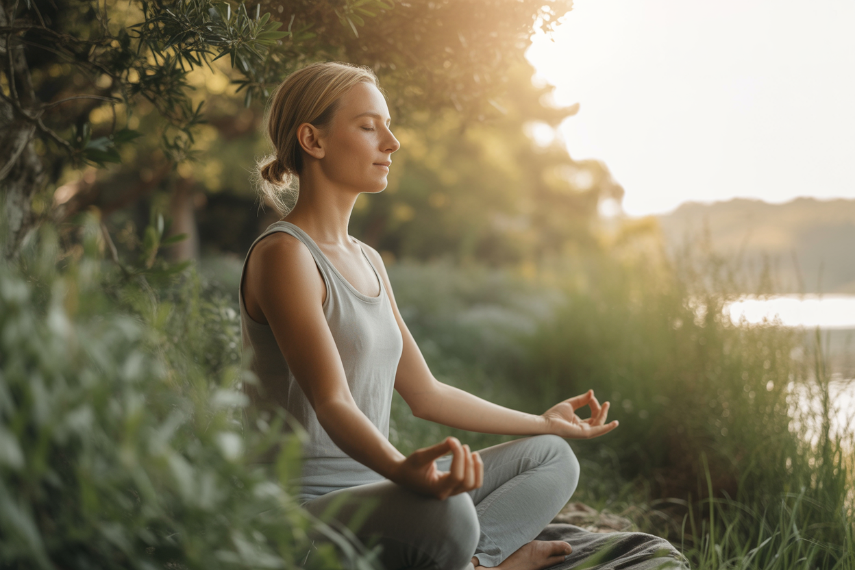 Person meditating in nature representing healthspan and longevity