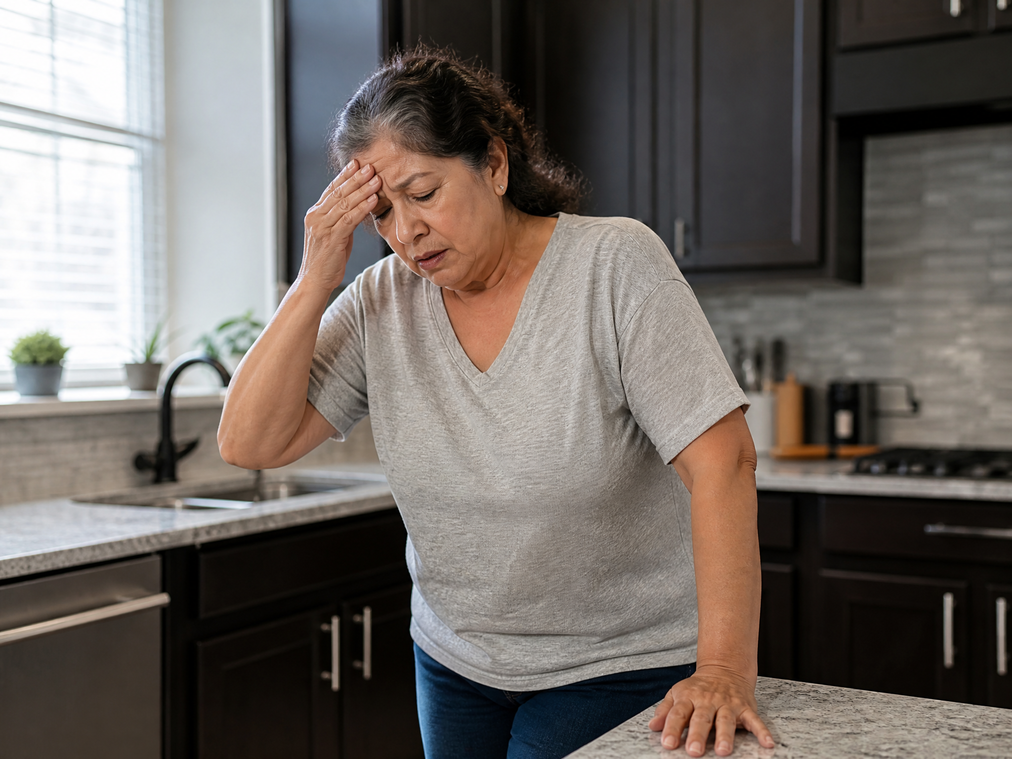 Hispanic female veteran in her 60s in a kitchen gripping the counter for support with her other hand on her forehead experiencing dizziness