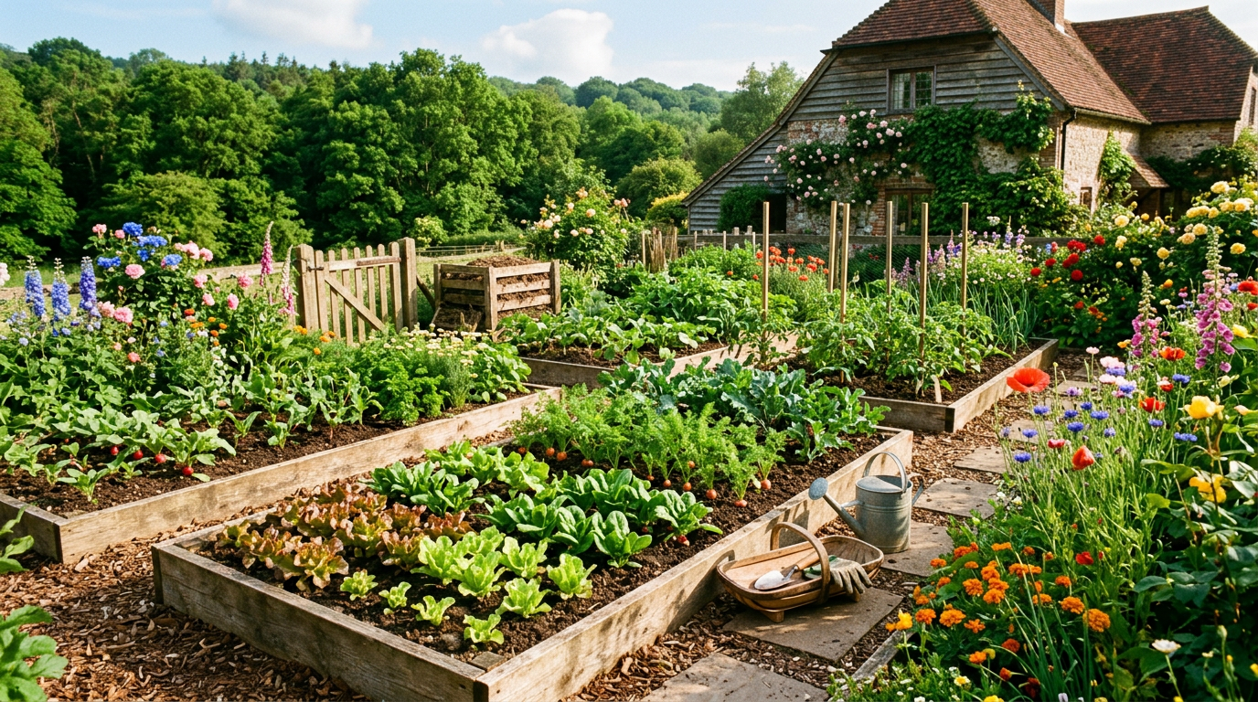 May garden — a spring scene in a temperate Central European vegetable garden