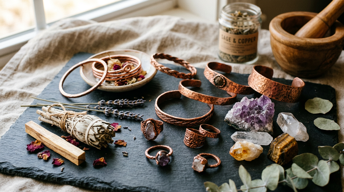 Copper bracelets arranged with natural wellness elements