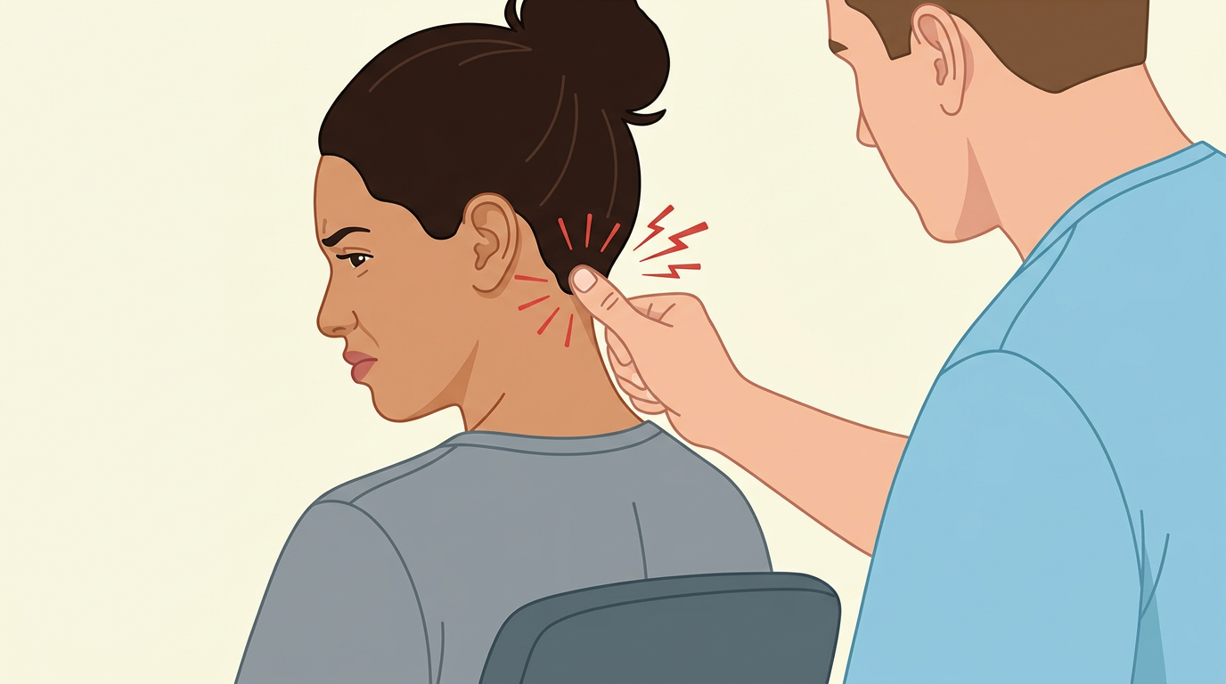 A clean medical illustration of a clinician pressing a point at the base of a seated patient's skull, reproducing occipital pain