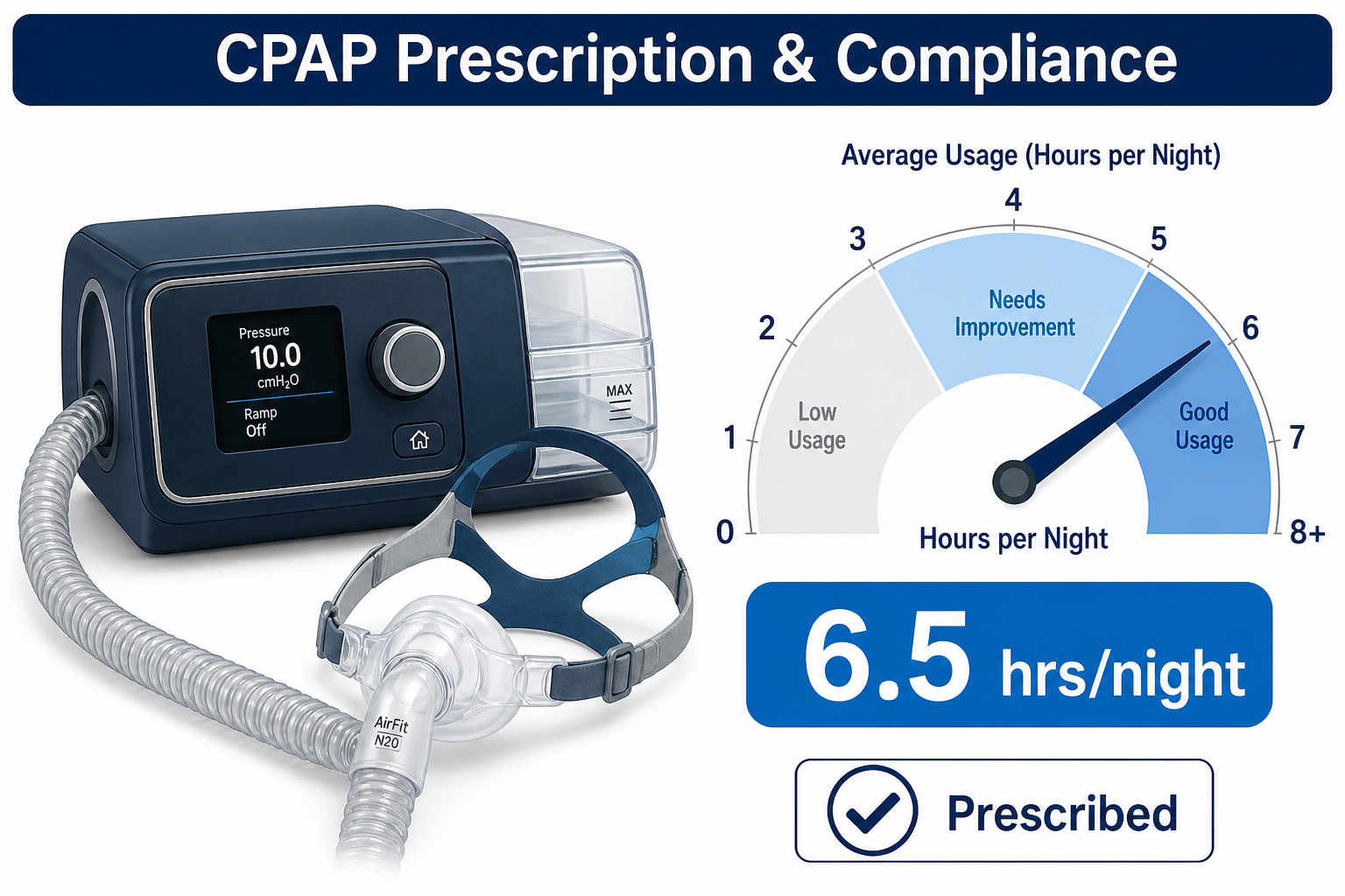 Clinical diagram of a CPAP machine with mask and hose beside a usage gauge showing average hours per night and a prescribed compliance callout